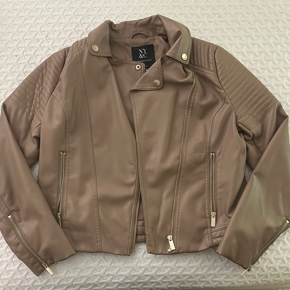 New York & Company Tan Leather Moto Jacket with Quilted Details